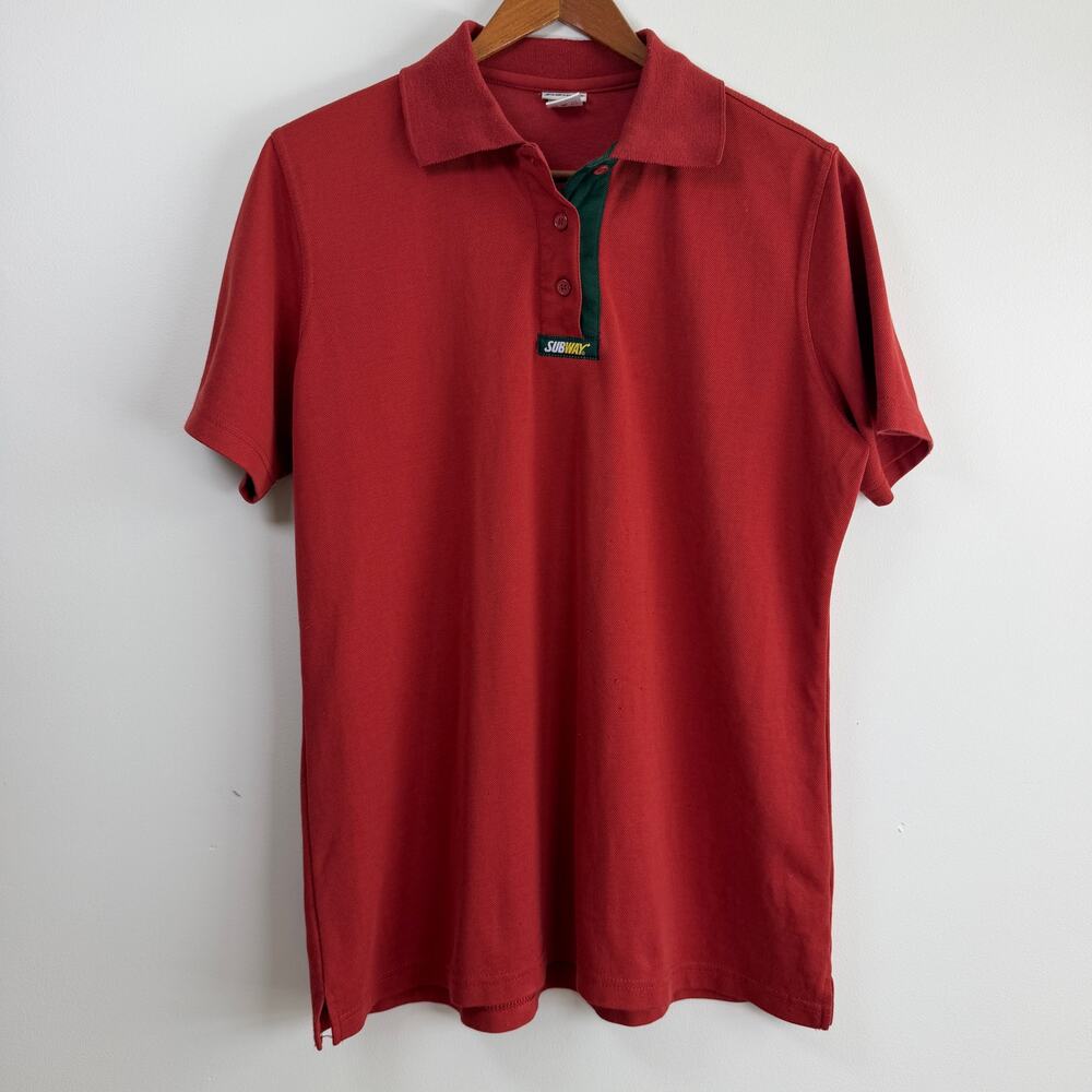 Subway Employee Uniform Polo Shirt Red Green Logo Short Sleeve Womens Large Work